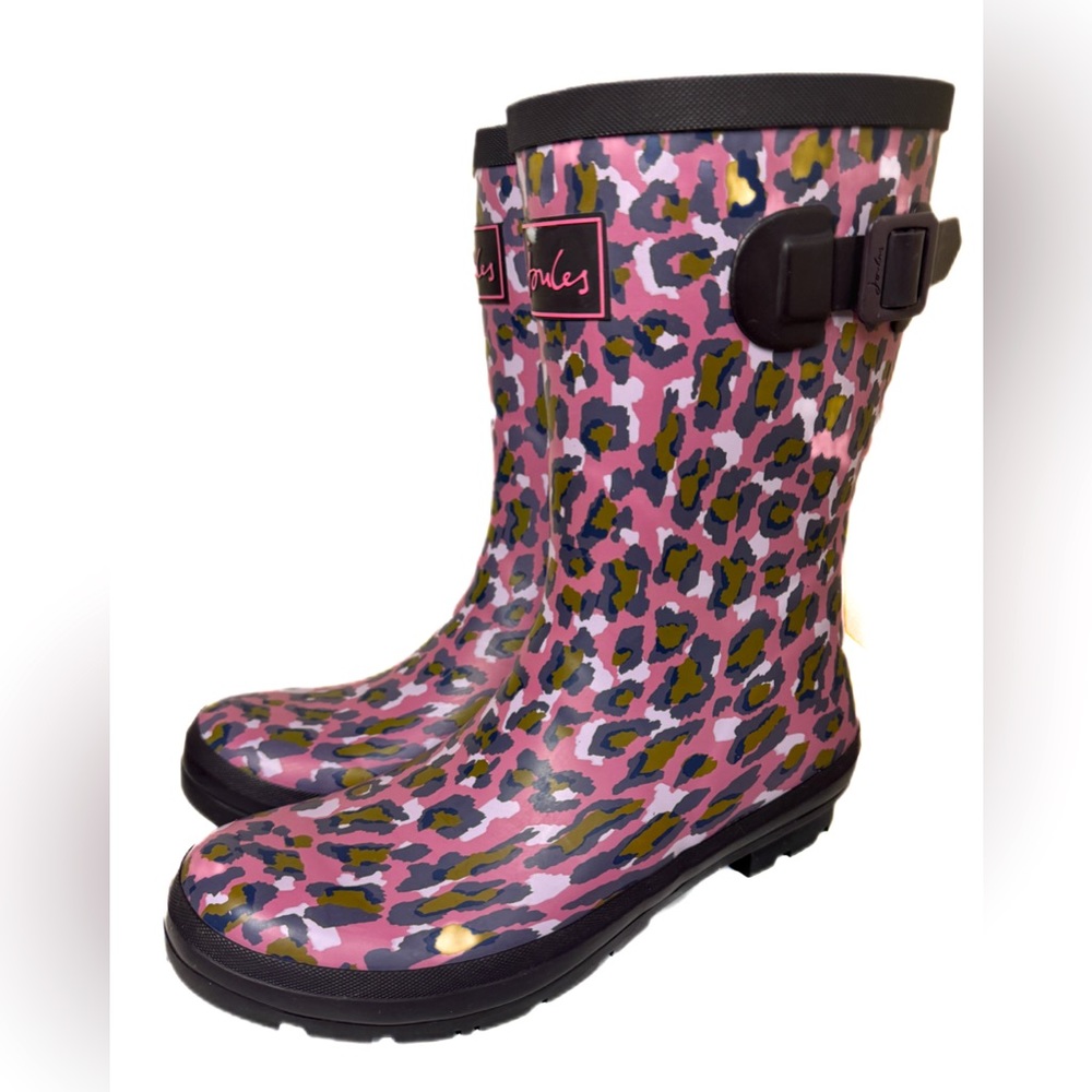 NWT Joules Molly Welly Rain Boots Women's Mid Calf Purple Brown Cheetah Print